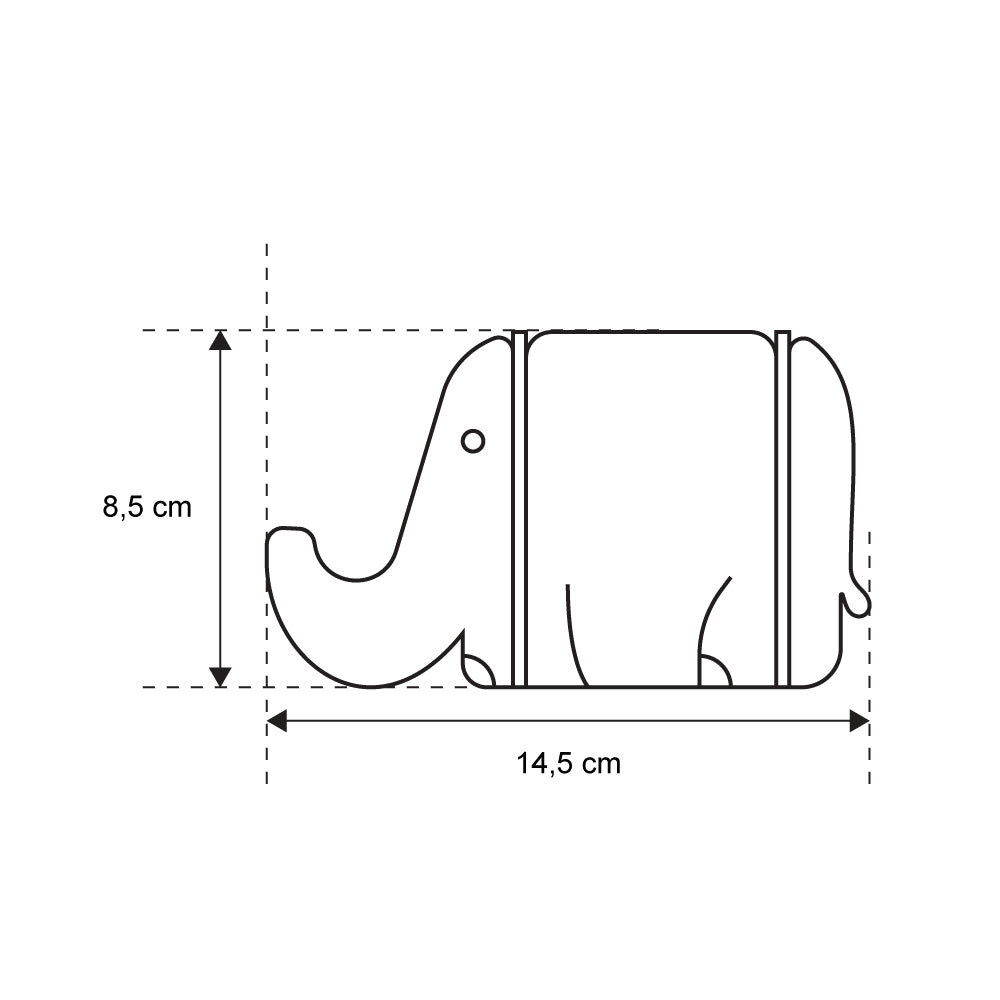 A colorful cardboard elephant table organiser designed for kids, featuring a long trunk for holding phones and a rectangular body for storing pens and cards.