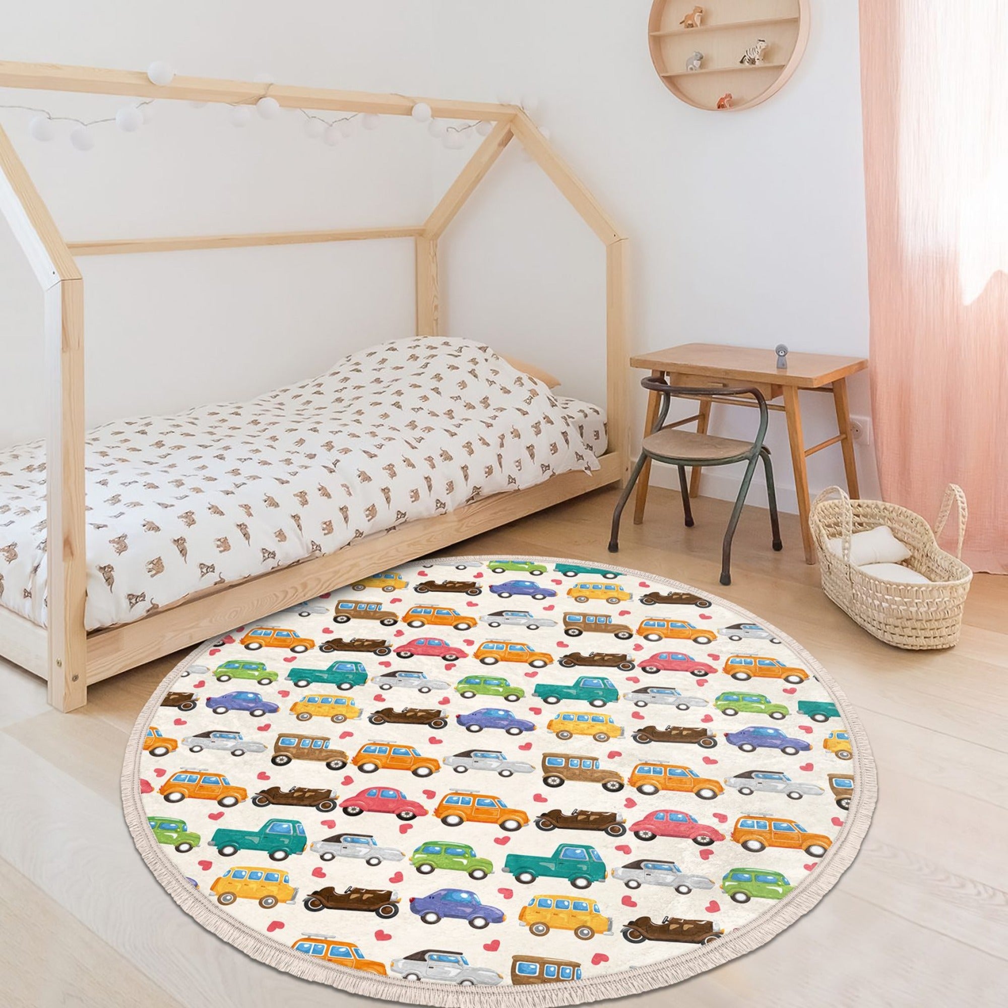 Colorful round rug featuring a playful car design, perfect for kids' rooms and nurseries.