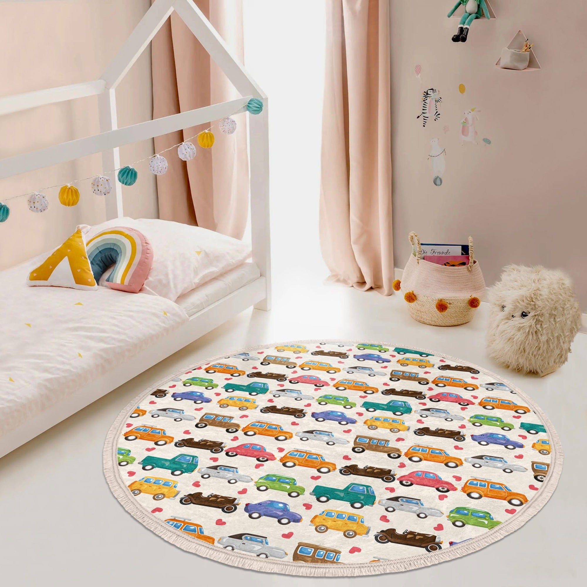 Colorful round rug featuring a playful car design, perfect for kids' rooms and nurseries.