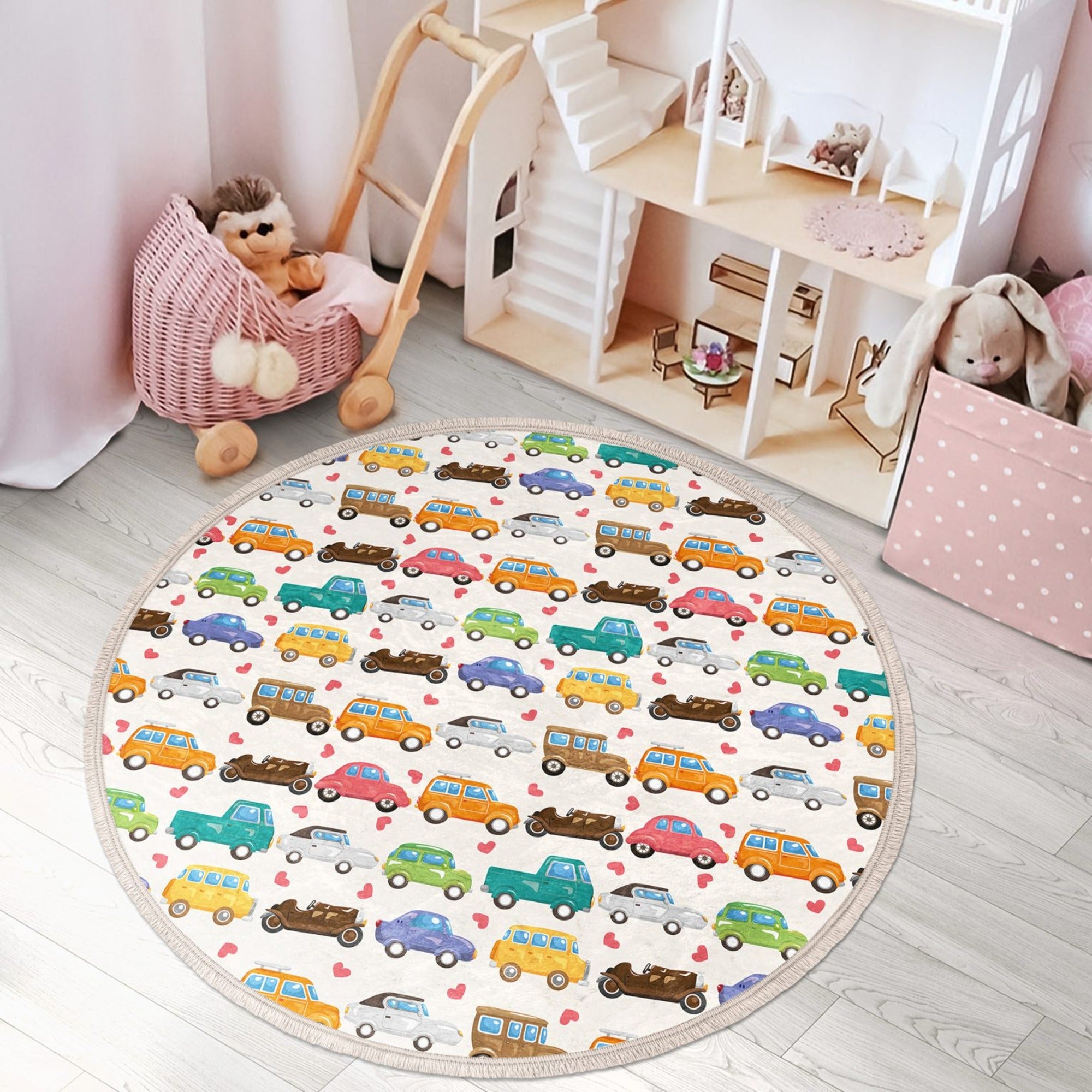 Colorful round rug featuring a playful car design, perfect for kids' rooms and nurseries.