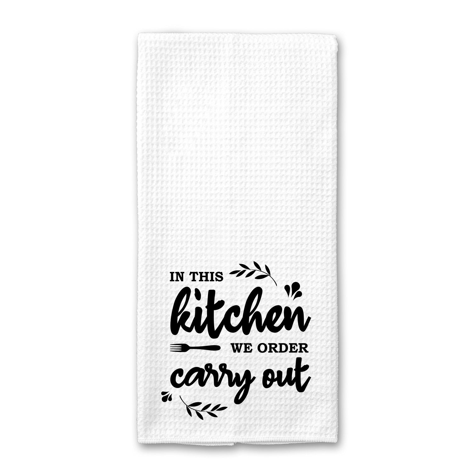 A set of colorful Carry Out Kitchen Towels made from absorbent microfiber, showcasing their decorative patterns and functional design.