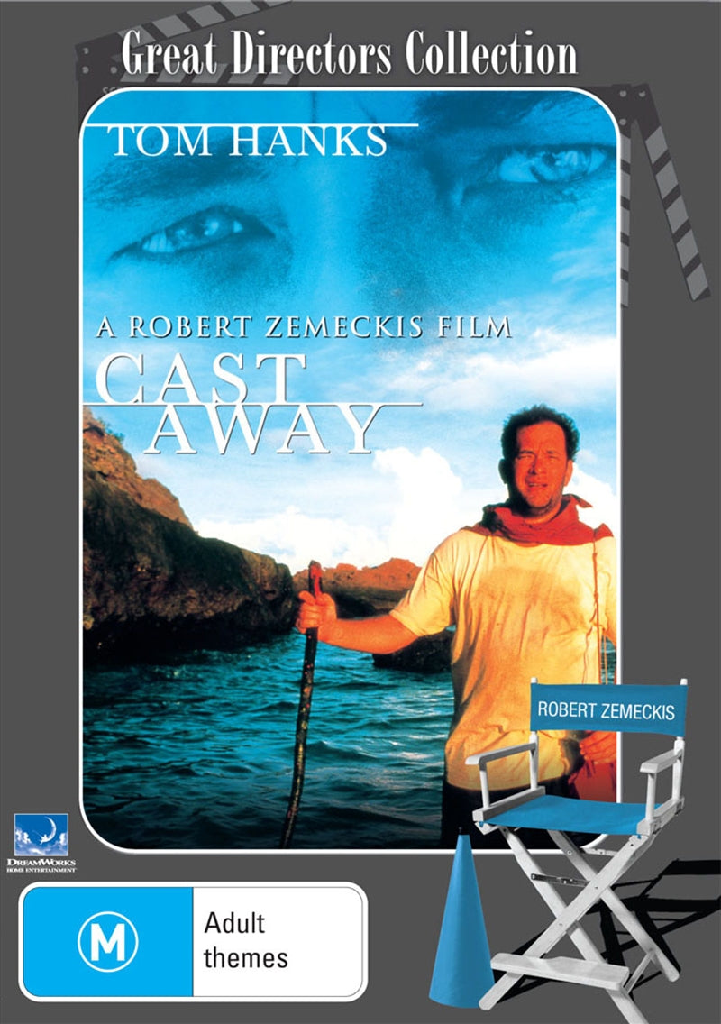 Cast Away DVD cover featuring Tom Hanks as Chuck Noland on a deserted island.