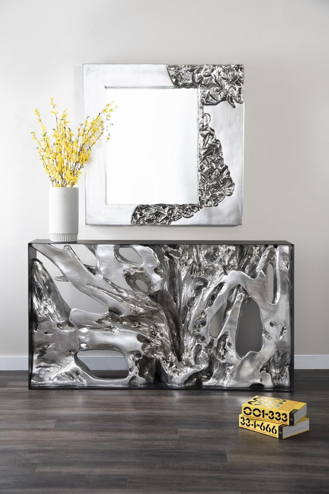 Cast Root Silver Framed Small Console Table with aged wood appearance and silver leaf finish, framed in iron.