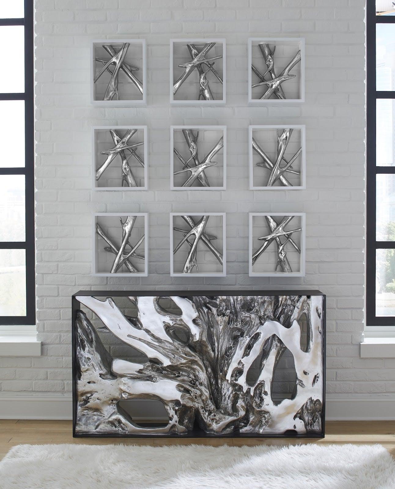 Cast Root Silver Framed Small Console Table with aged wood appearance and silver leaf finish, framed in iron.