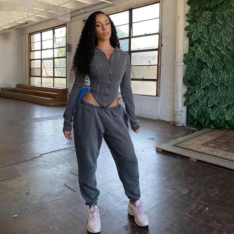 Casual Workout Sporty Two Piece Set for Women featuring a hooded long sleeve top and ankle-length pants in green, blue, and grey colors.