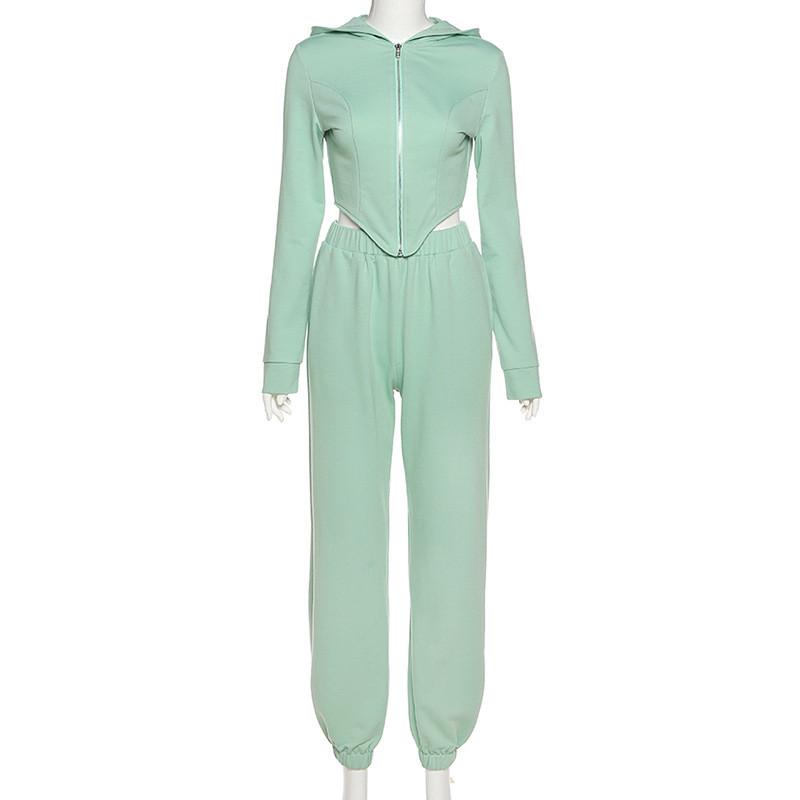 Casual Workout Sporty Two Piece Set for Women featuring a hooded long sleeve top and ankle-length pants in green, blue, and grey colors.