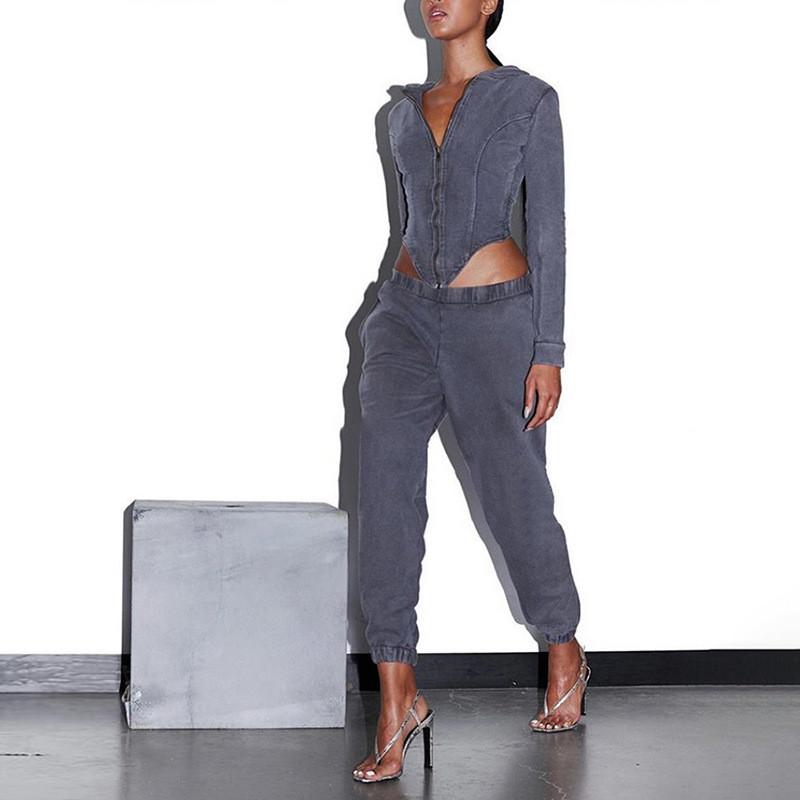 Casual Workout Sporty Two Piece Set for Women featuring a hooded long sleeve top and ankle-length pants in green, blue, and grey colors.