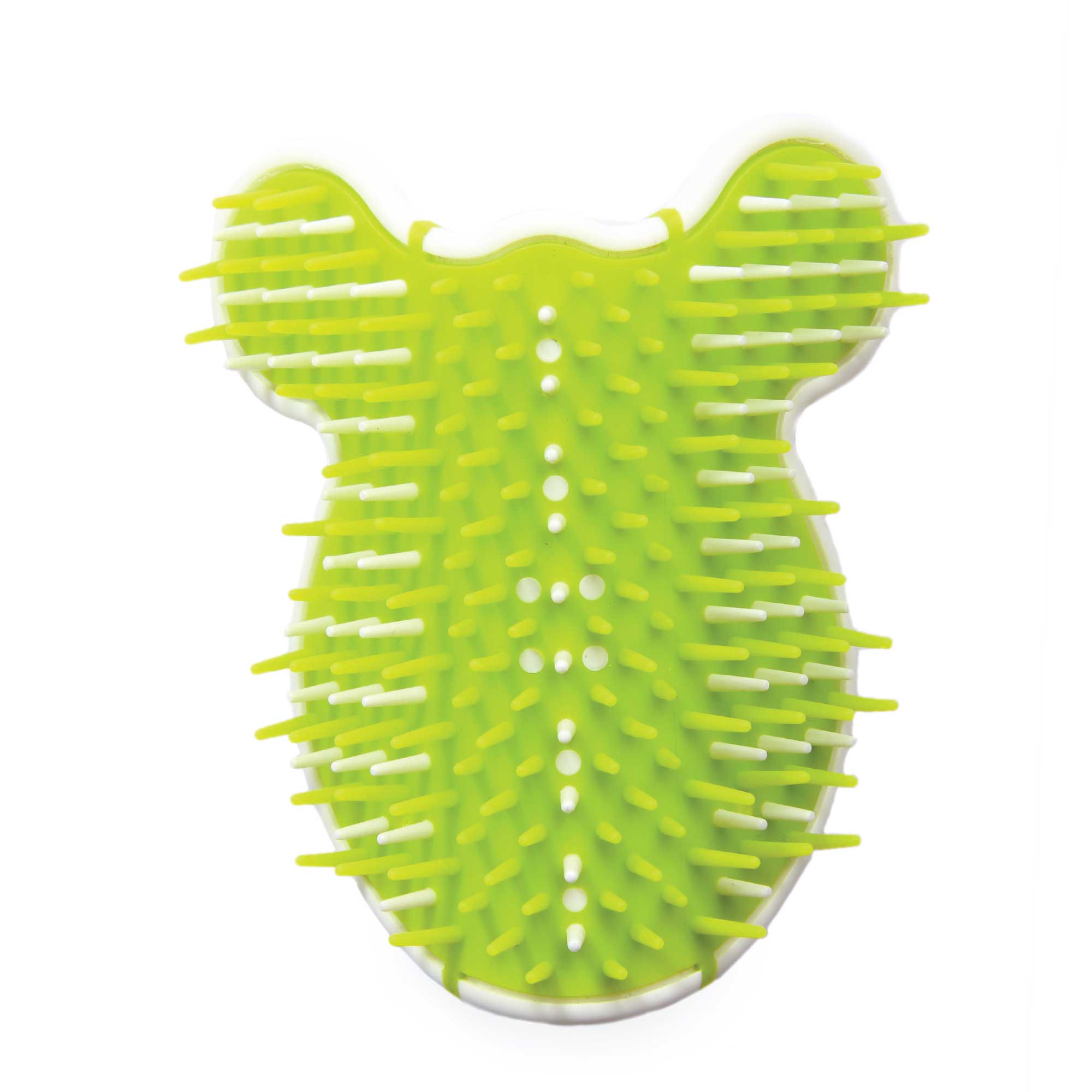 Cat Corner Groomer with Catnip, wall-mounted pet self comb massager featuring soft and hard bristles in light green and white colors.