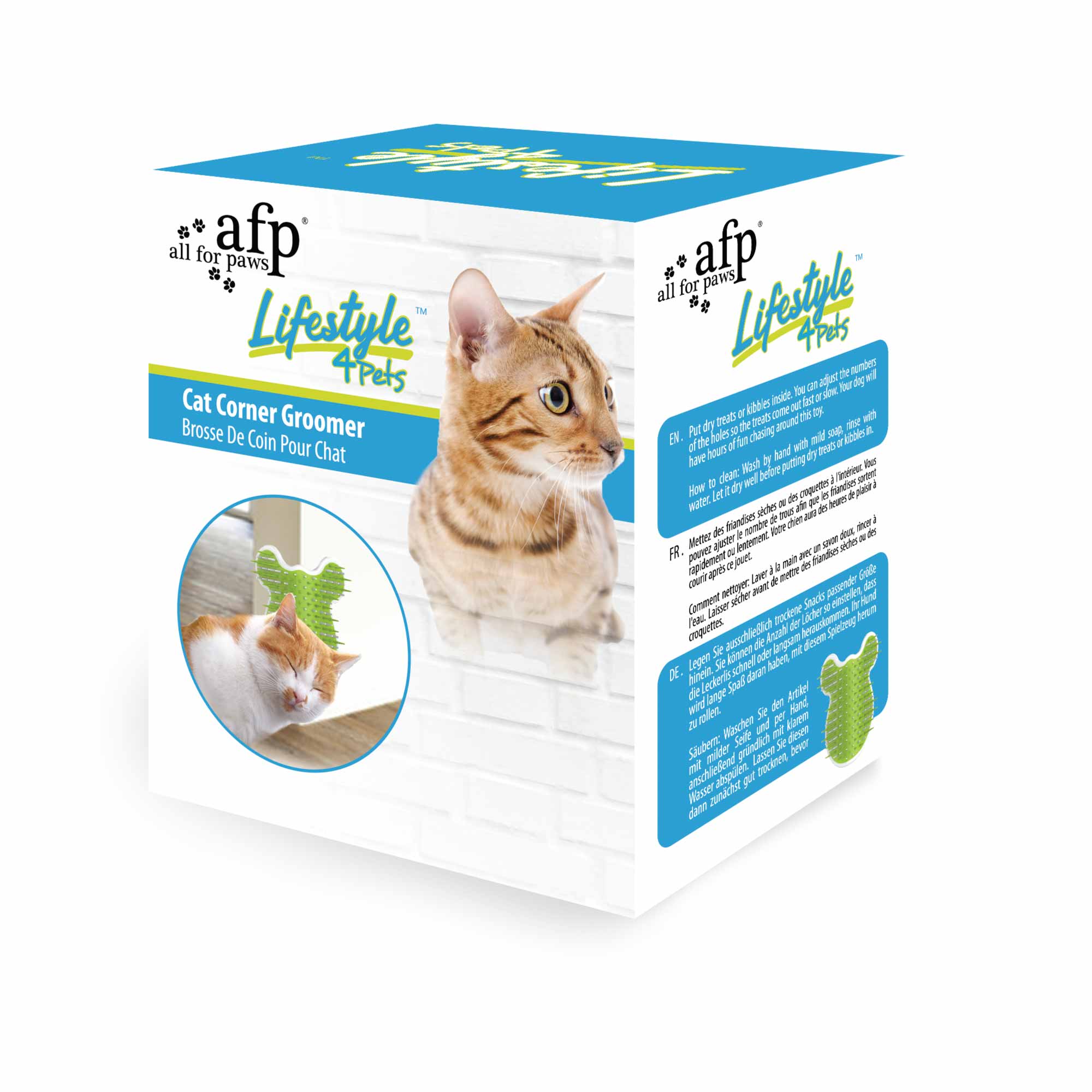 Cat Corner Groomer with Catnip, wall-mounted pet self comb massager featuring soft and hard bristles in light green and white colors.