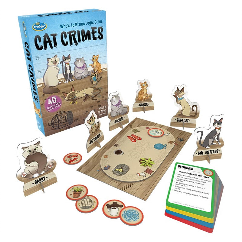 A colorful board game titled Cat Crimes featuring playful cat illustrations and mystery clues.