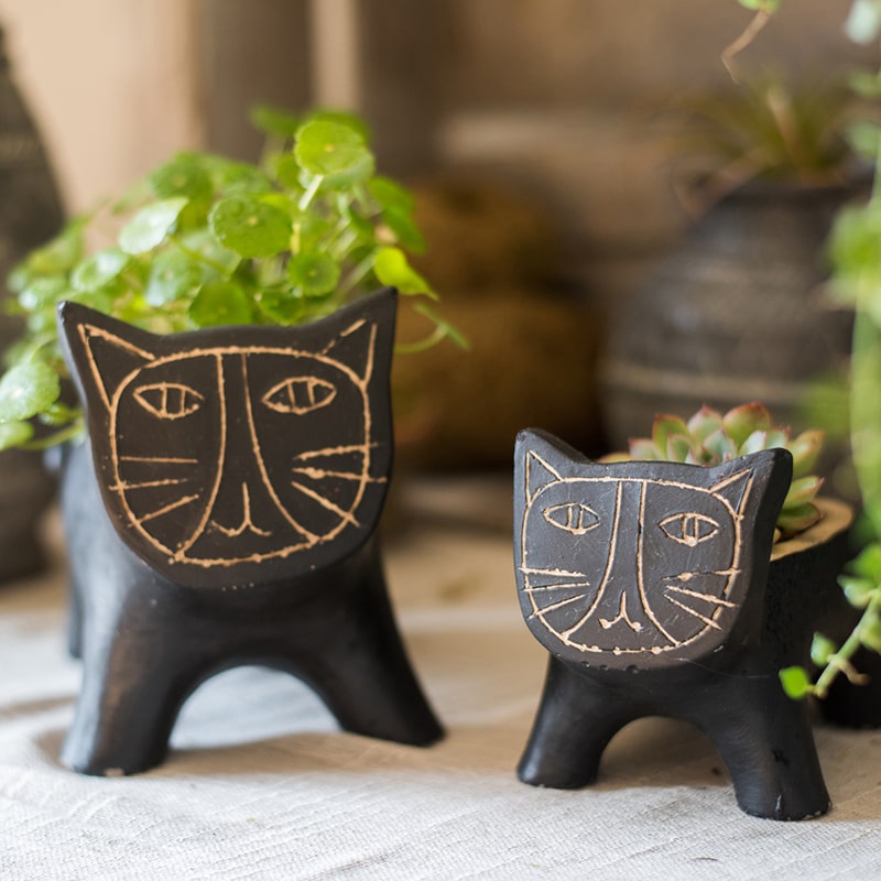 A charming cat-shaped small planter made of concrete, showcasing a unique design in black, khaki, and mixed colors.