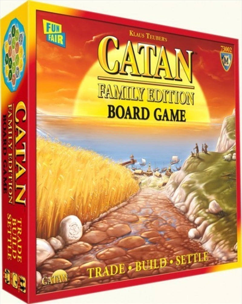 Catan Family Edition Board Game with reversible board and game pieces displayed.