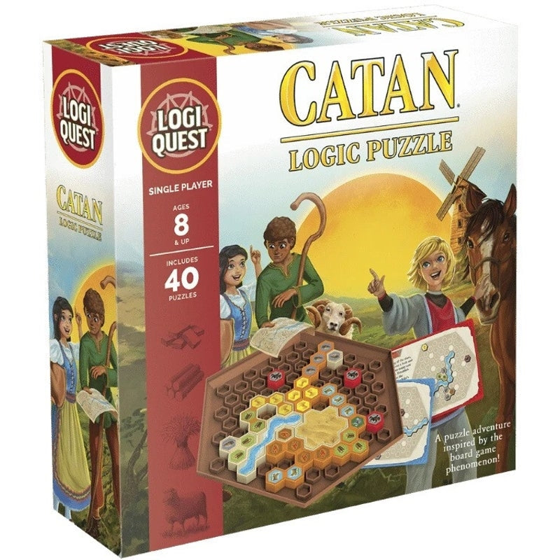 Catan Logic Puzzle featuring hexagonal case, puzzle cards, and resource pieces for strategic gameplay.