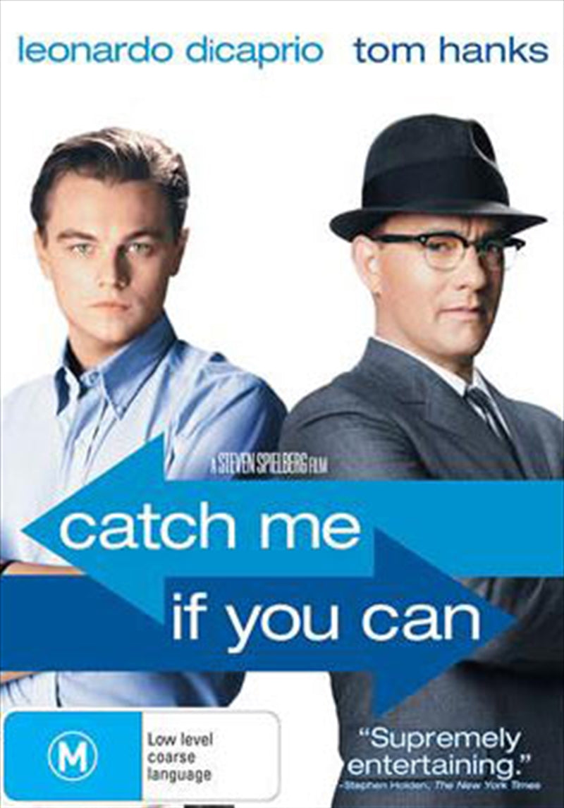 Catch Me If You Can DVD cover featuring Leonardo DiCaprio and Tom Hanks in a thrilling chase.