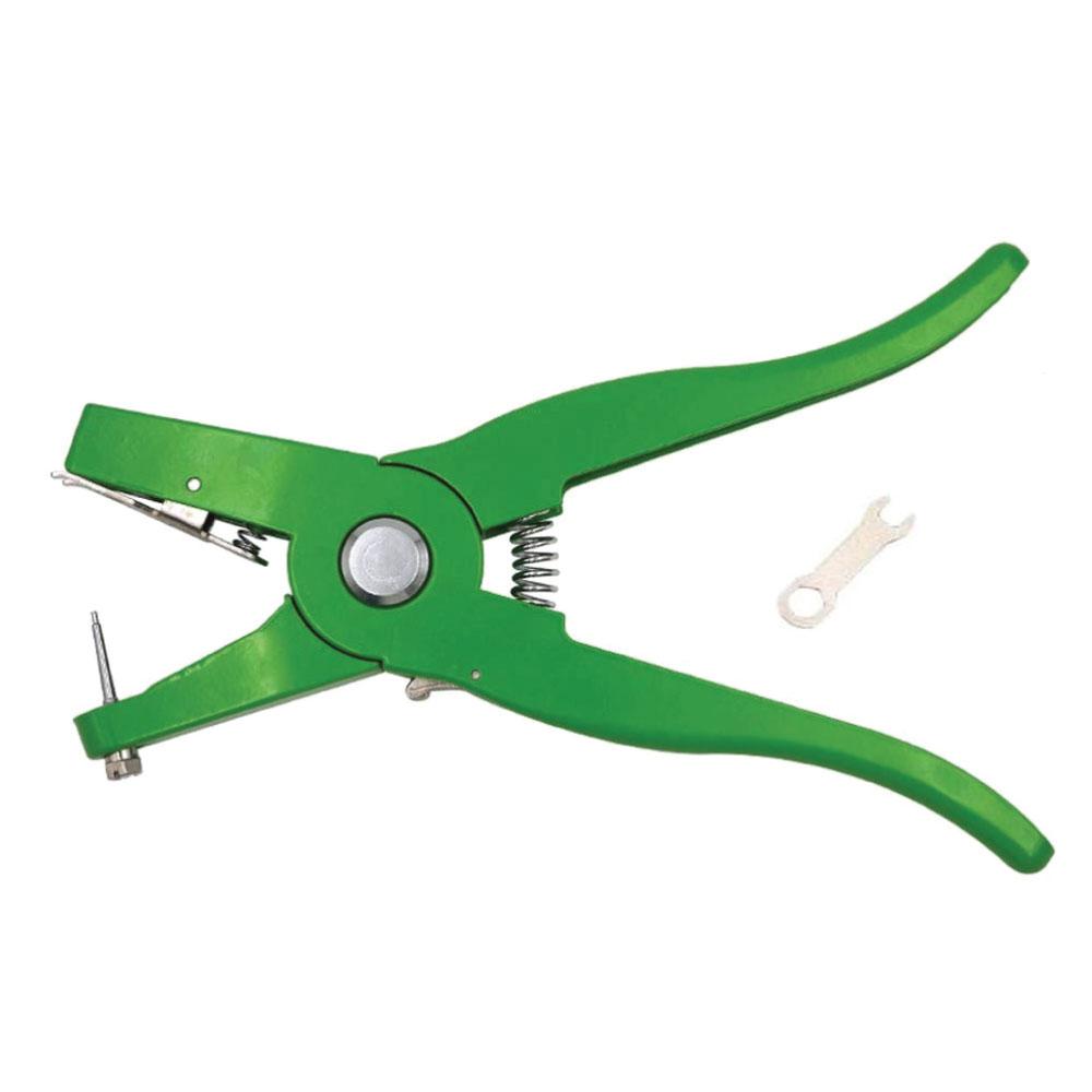 Cattle Ear Tag Applicator Pliers in green color, made of aluminum alloy, designed for tagging livestock.