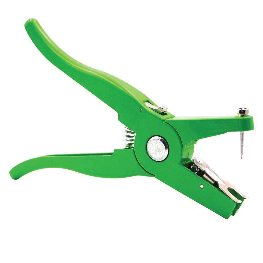 Cattle Ear Tag Applicator Pliers in green color, made of aluminum alloy, designed for tagging livestock.