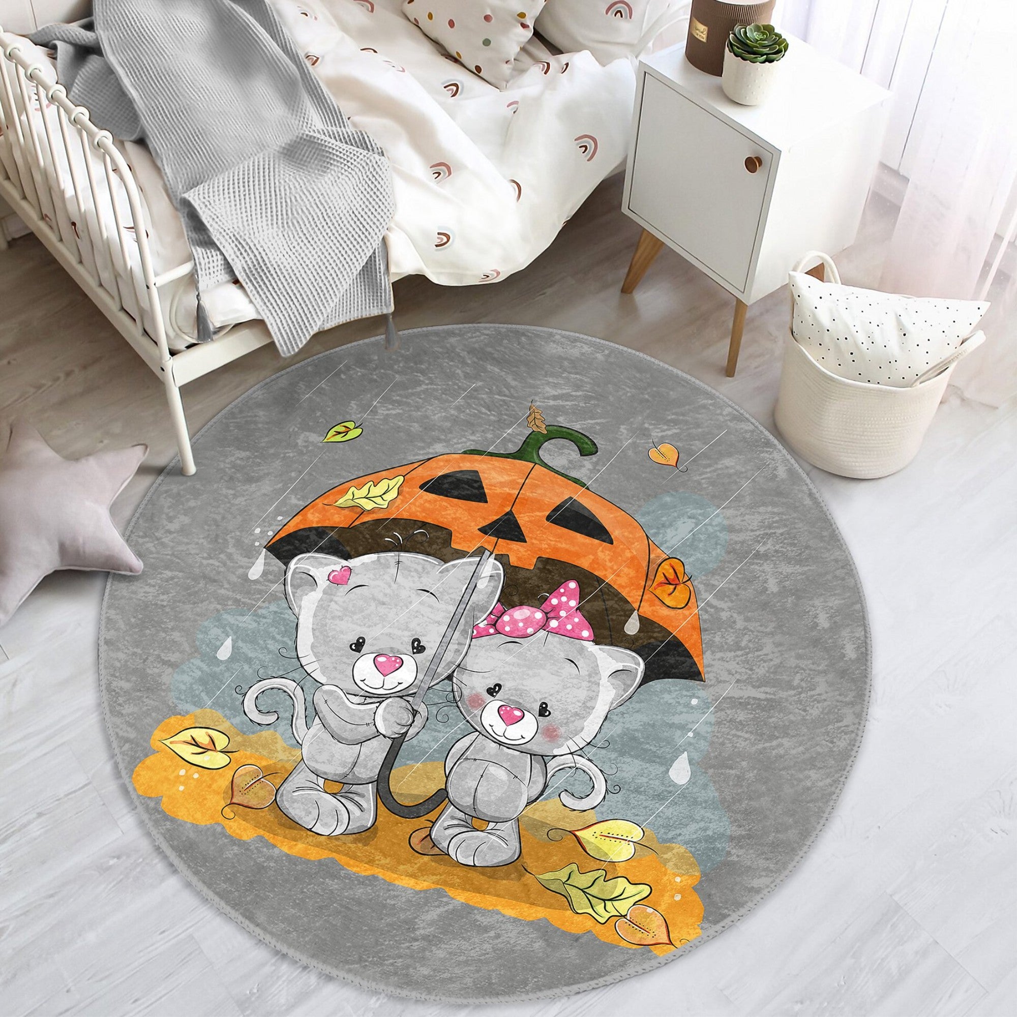 A colorful Cat-Lovers' Kids' Room Rug featuring playful cat designs, made from soft velvet fabric, perfect for children's playrooms and bedrooms.