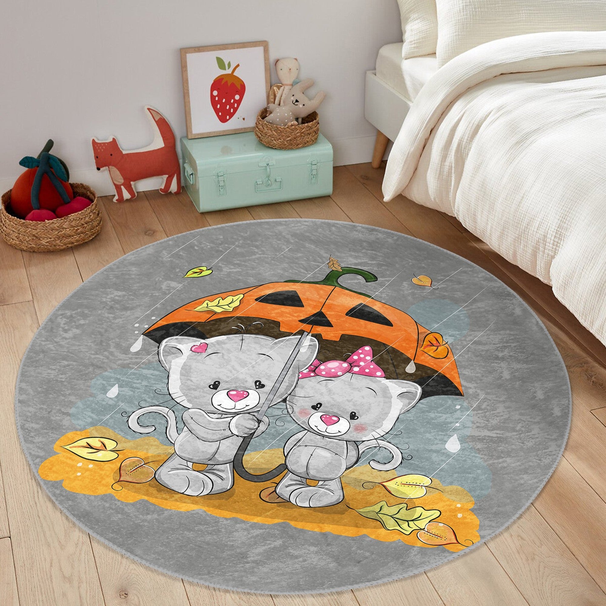 A colorful Cat-Lovers' Kids' Room Rug featuring playful cat designs, made from soft velvet fabric, perfect for children's playrooms and bedrooms.