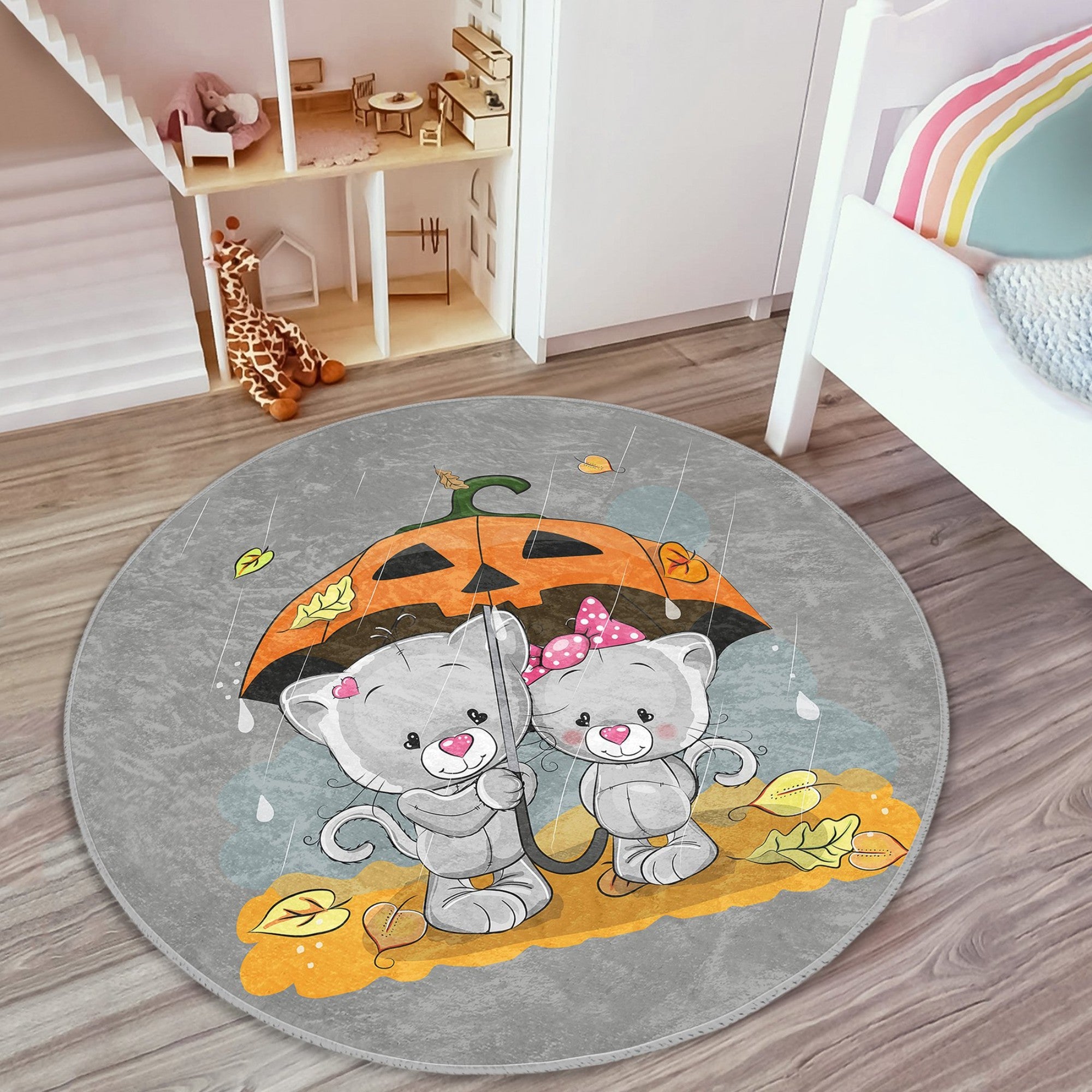 A colorful Cat-Lovers' Kids' Room Rug featuring playful cat designs, made from soft velvet fabric, perfect for children's playrooms and bedrooms.