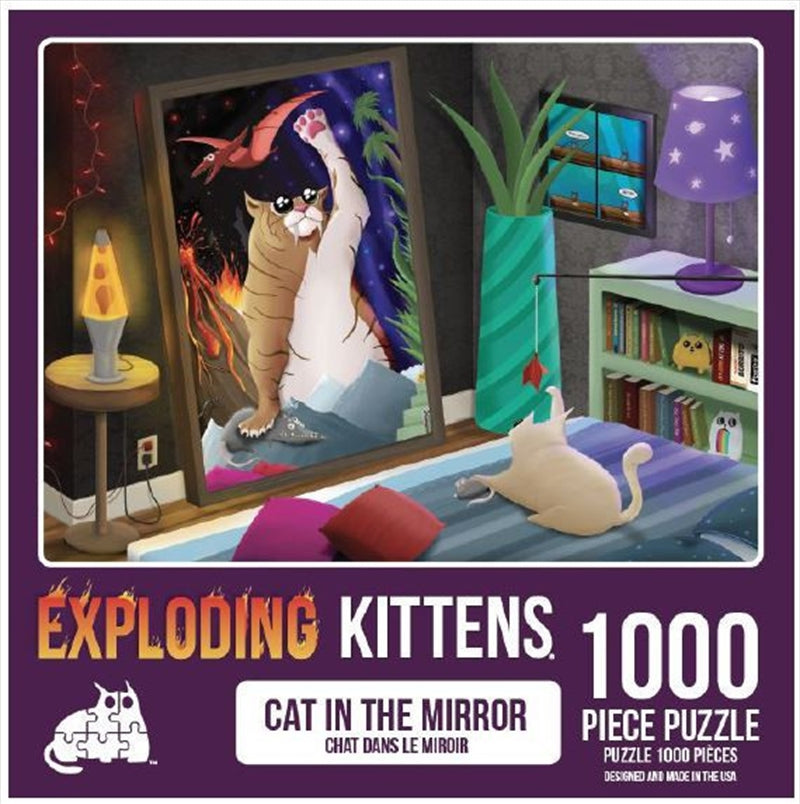 A colorful 1000 piece puzzle featuring playful cats in a mirror setting, showcasing vibrant artwork and intricate details.