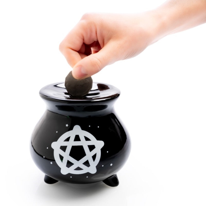 A whimsical cauldron-shaped money bank designed for saving coins, featuring a glossy finish and intricate details.