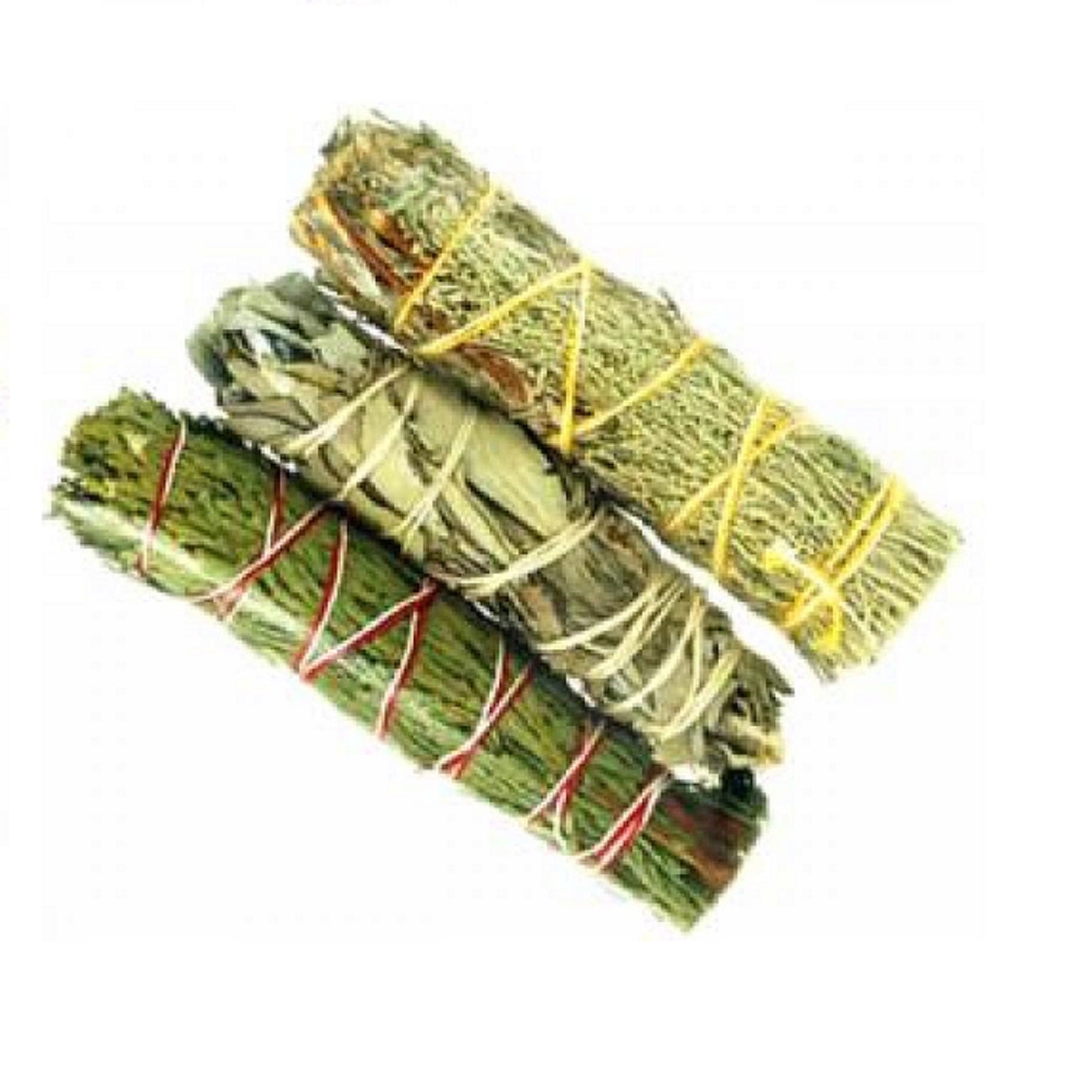 A bundle of Cedar, White, and Blue Sage, showcasing their natural textures and colors, perfect for spiritual cleansing rituals.