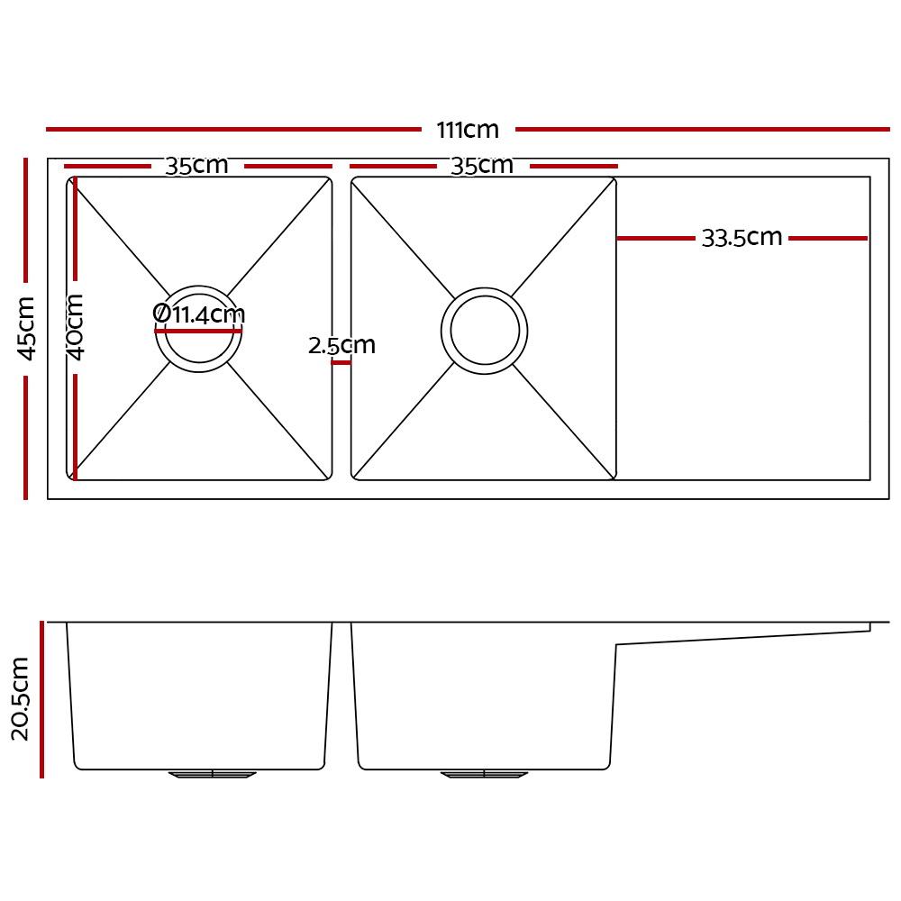 Cefito 111cm x 45cm stainless steel kitchen sink with a satin finish and square bowl design, showcasing its elegant and modern look.