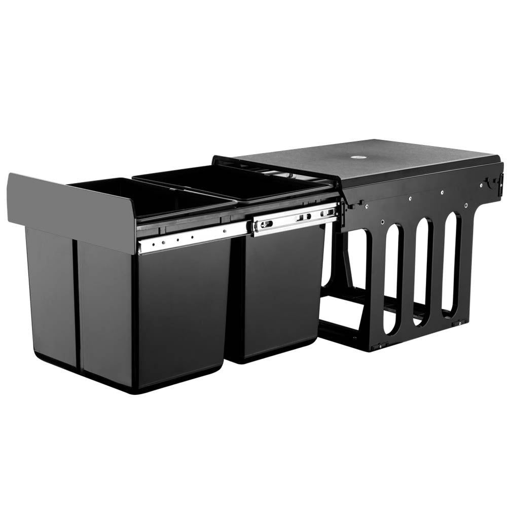 Cefito 2x15L Pull Out Bin in black, featuring dual compartments with lids for waste separation, mounted inside a kitchen cabinet.