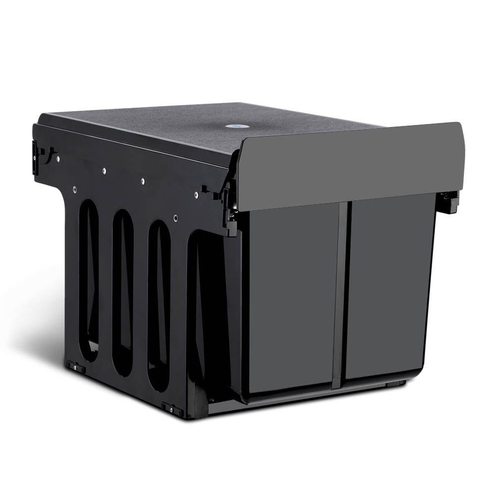 Cefito 2x15L Pull Out Bin in black, featuring dual compartments with lids for waste separation, mounted inside a kitchen cabinet.