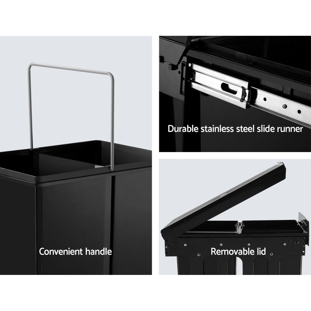 Cefito 2x15L Pull Out Bin in black, featuring dual compartments with lids for waste separation, mounted inside a kitchen cabinet.