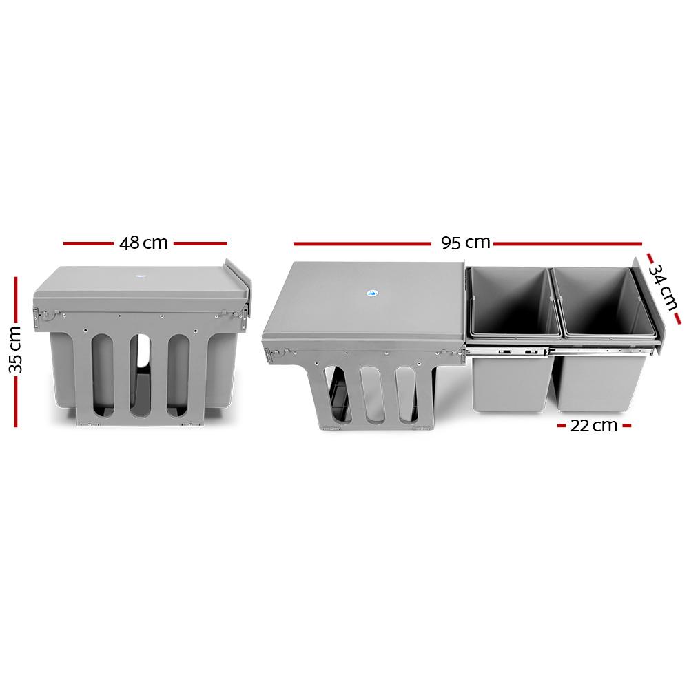 Cefito 2x15L Pull Out Bin in Grey, featuring two compartments with lids for waste separation, designed for easy installation under kitchen cabinets.