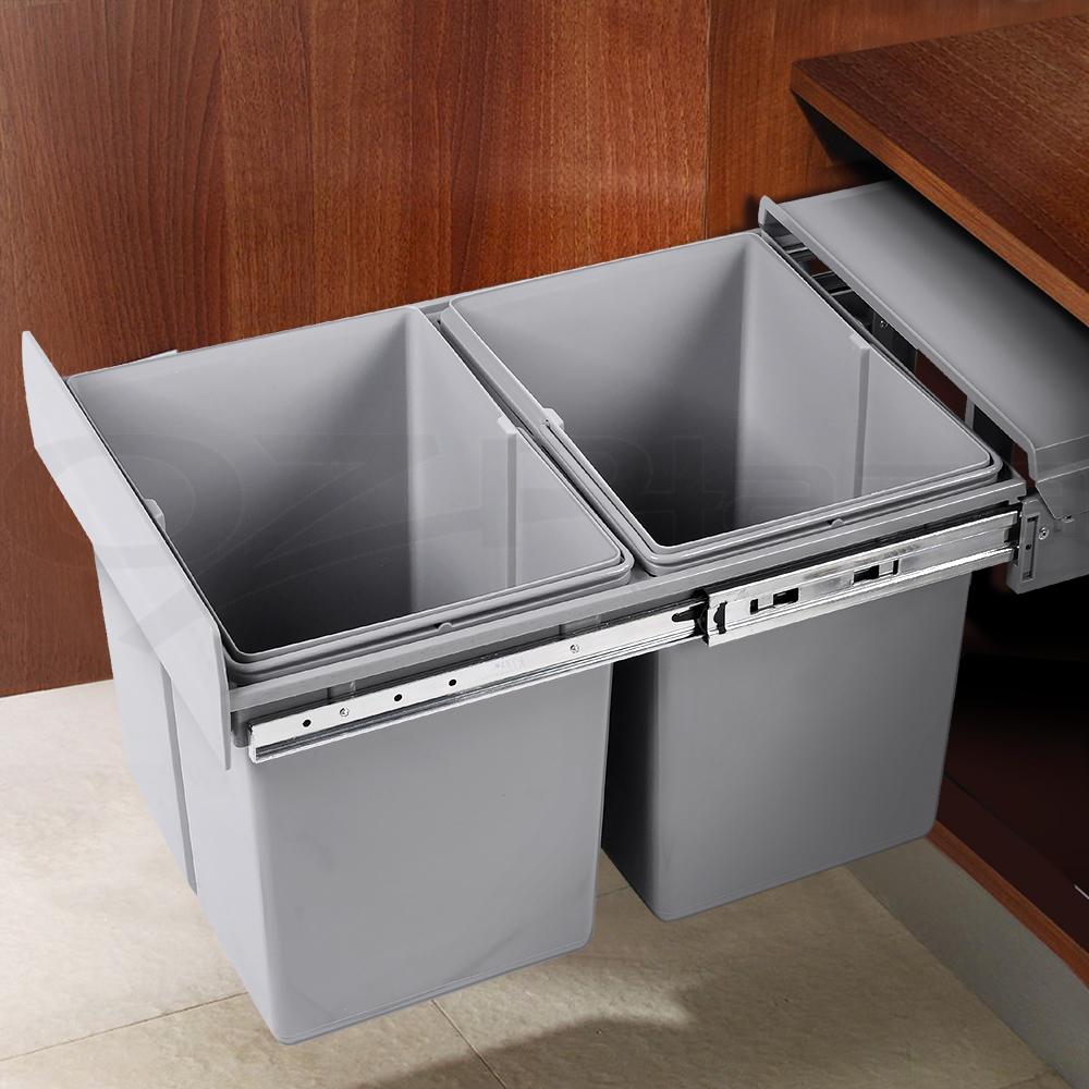 Cefito 2x15L Pull Out Bin in Grey, featuring two compartments with lids for waste separation, designed for easy installation under kitchen cabinets.