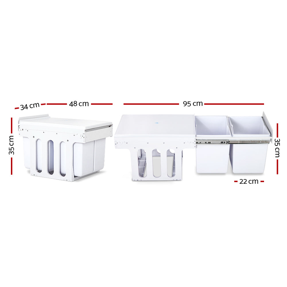 Cefito 2x15L Pull Out Bin in white, featuring two compartments with lids for waste separation, installed in a kitchen cabinet.