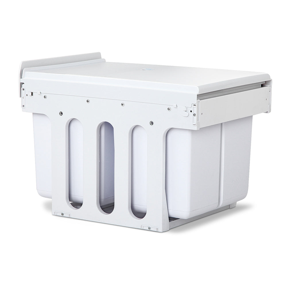 Cefito 2x15L Pull Out Bin in white, featuring two compartments with lids for waste separation, installed in a kitchen cabinet.