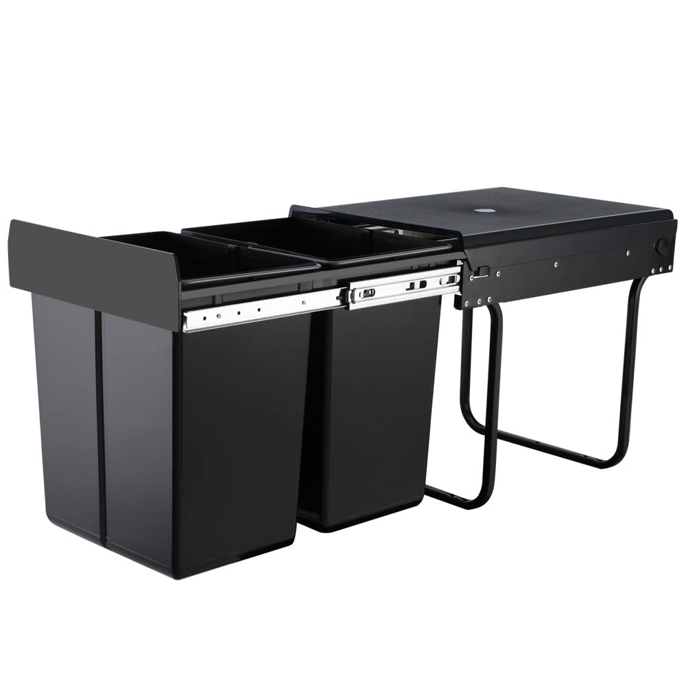 Cefito 2x20L Pull Out Bin in black, featuring dual compartments and removable lids for efficient waste separation in a kitchen cabinet.