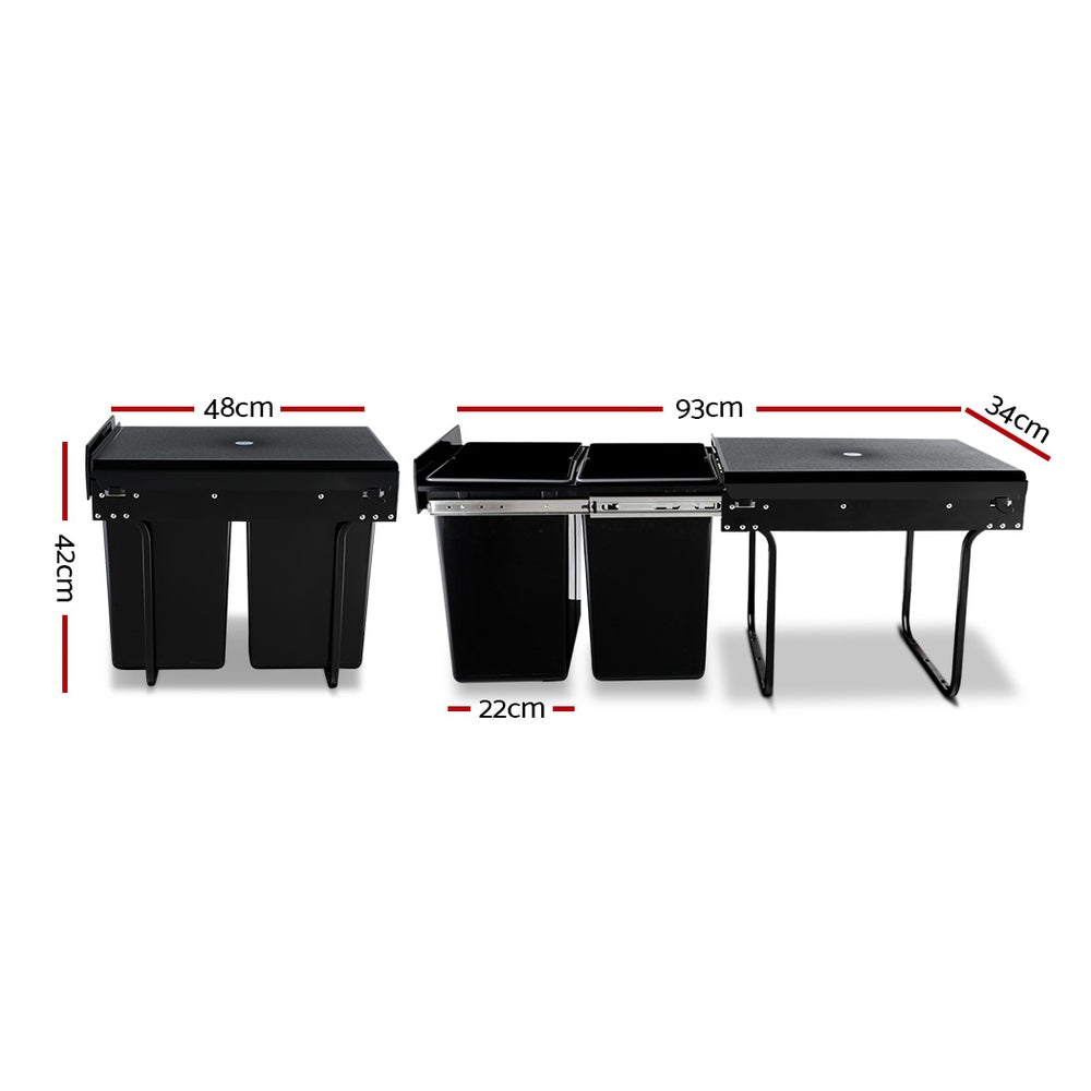 Cefito 2x20L Pull Out Bin in black, featuring dual compartments and removable lids for efficient waste separation in a kitchen cabinet.