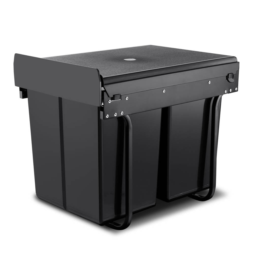 Cefito 2x20L Pull Out Bin in black, featuring dual compartments and removable lids for efficient waste separation in a kitchen cabinet.