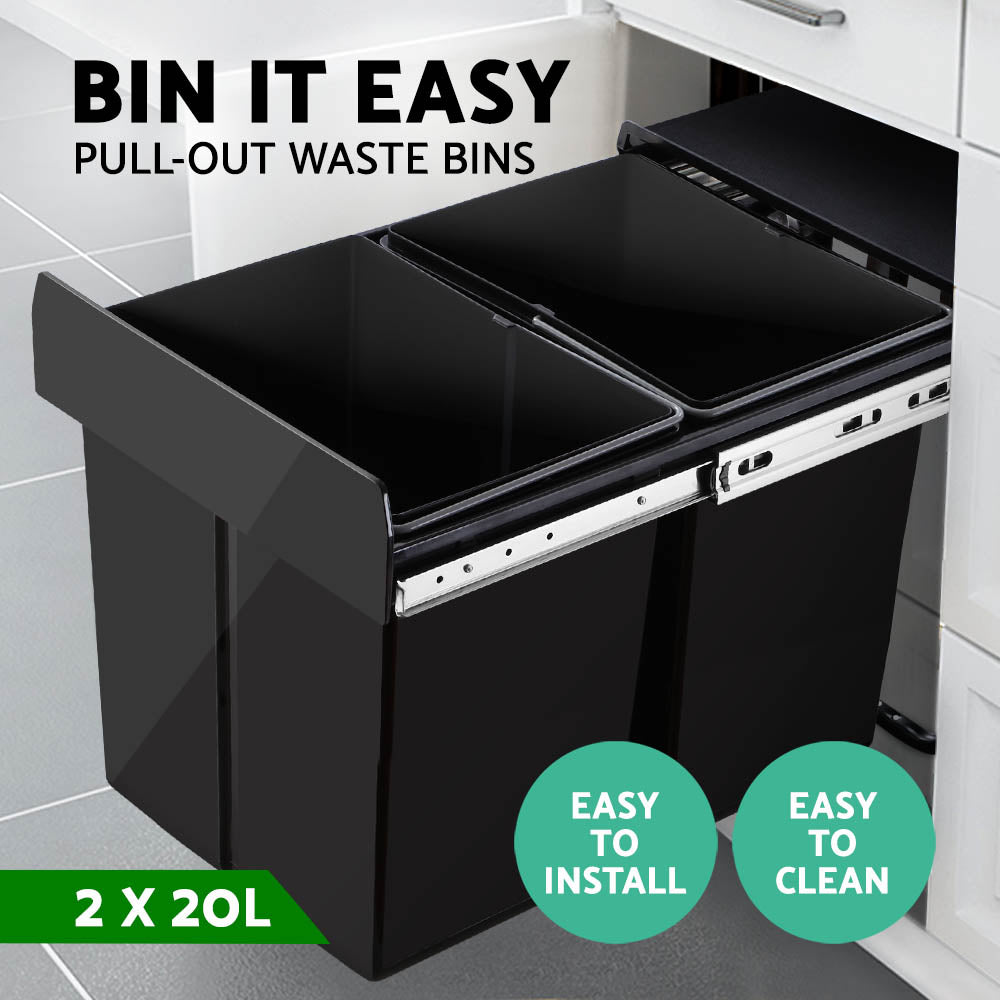 Cefito 2x20L Pull Out Bin in black, featuring dual compartments and removable lids for efficient waste separation in a kitchen cabinet.