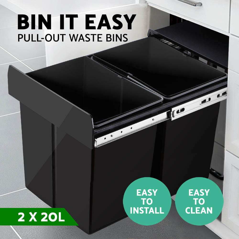 Cefito 2x20L Pull Out Bin in Black, featuring dual compartments and removable lids for efficient waste management.