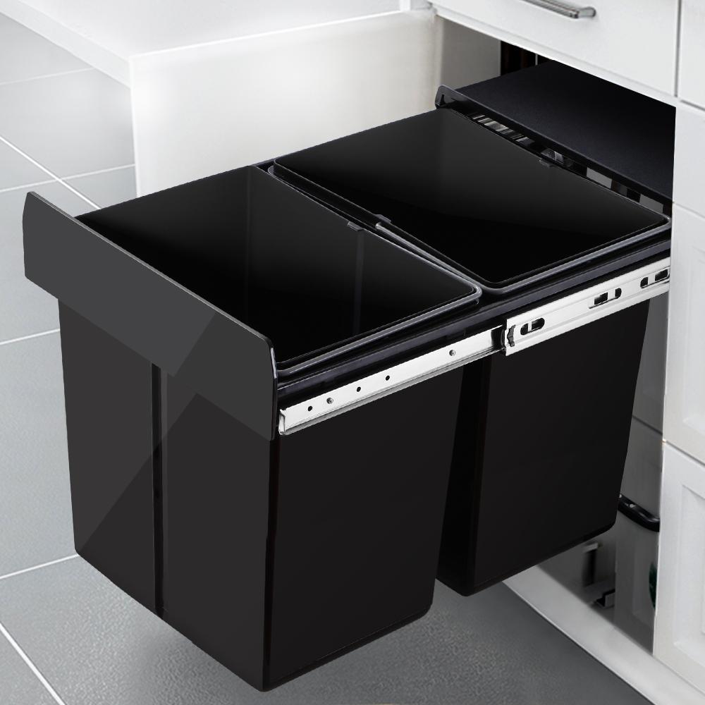 Cefito 2x20L Pull Out Bin in Black, featuring dual compartments and removable lids for efficient waste management.