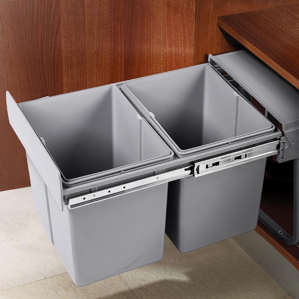 Cefito 2x20L Pull Out Bin in Grey, featuring dual compartments for waste separation and a sleek design for under-bench installation.