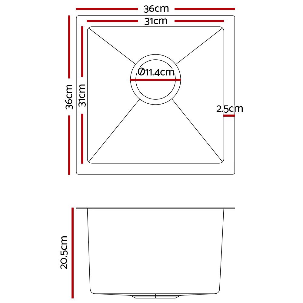 Cefito 36cm x 36cm stainless steel kitchen sink with satin finish and X-flume design, showcasing its modern square shape and R10 round corners.