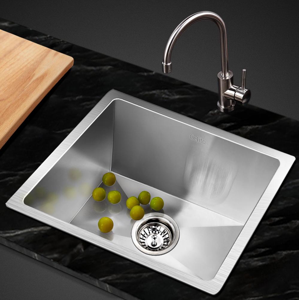 Cefito 36cm x 36cm stainless steel kitchen sink with satin finish and X-flume design, showcasing its modern square shape and R10 round corners.