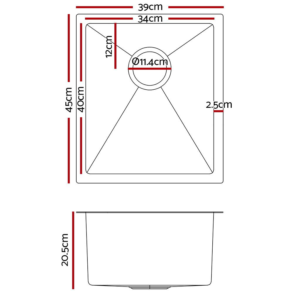 Cefito 39cm x 45cm stainless steel kitchen sink with satin finish and modern square design, showcasing its X-flume drainage and R10 round corners.