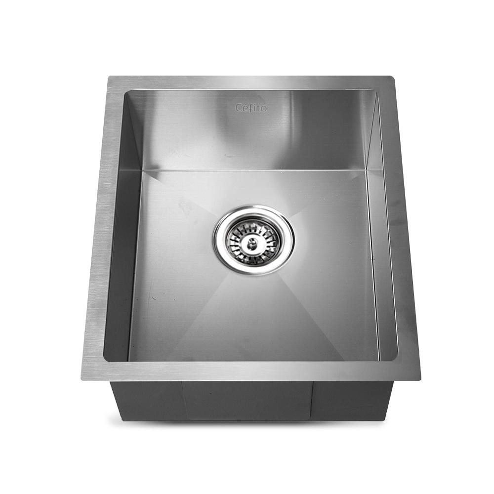 Cefito 39cm x 45cm stainless steel kitchen sink with satin finish and modern square design, showcasing its X-flume drainage and R10 round corners.