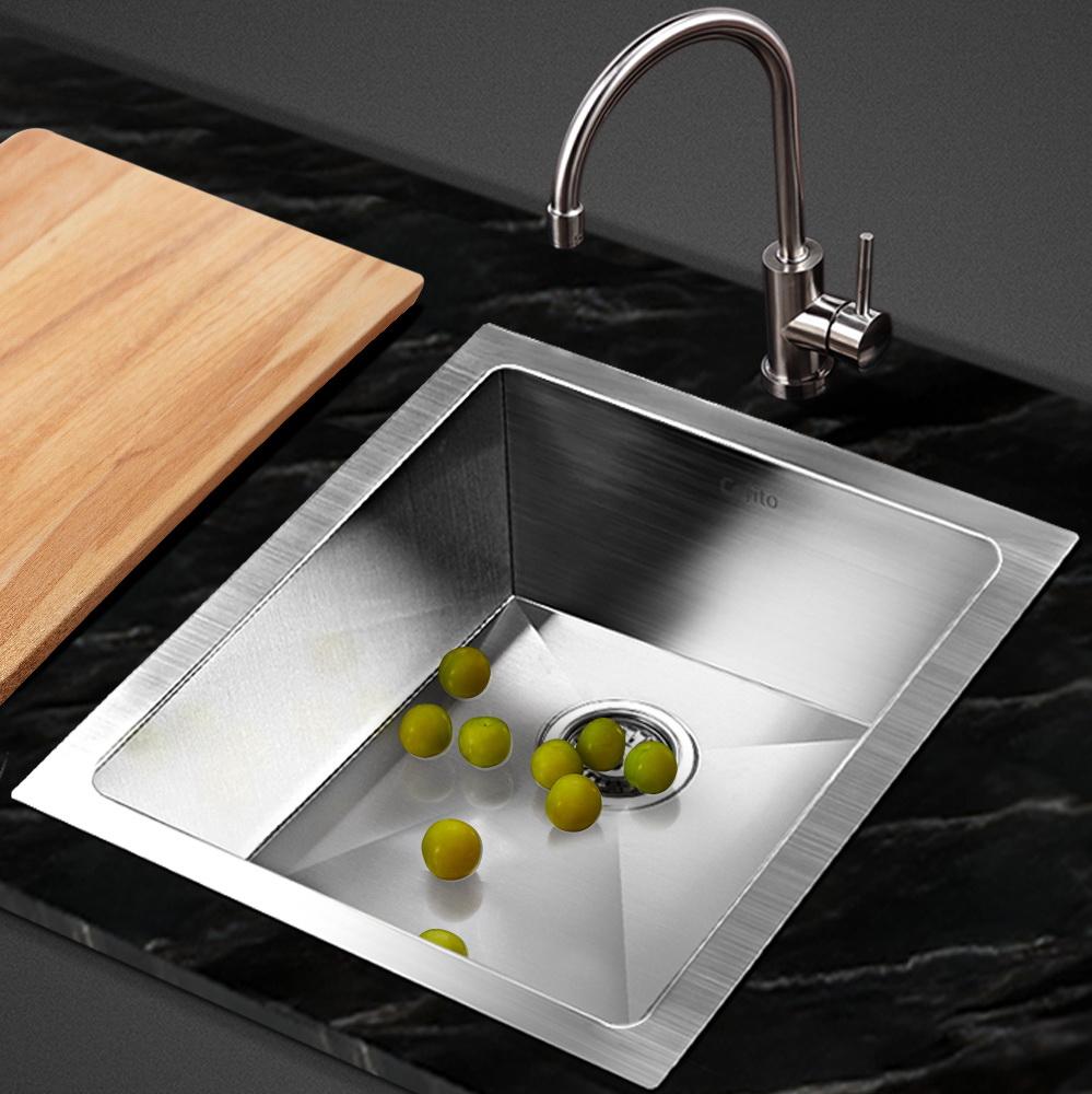 Cefito 39cm x 45cm stainless steel kitchen sink with satin finish and modern square design, showcasing its X-flume drainage and R10 round corners.