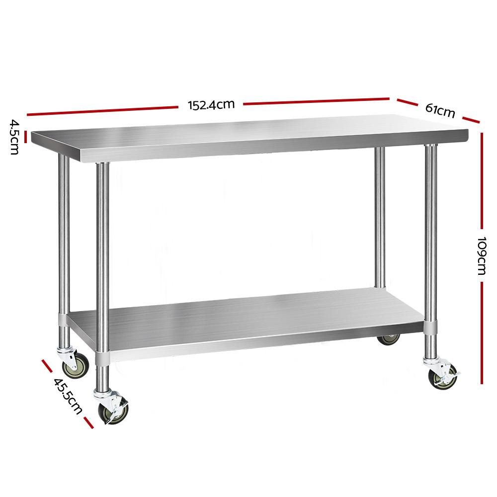 Cefito 430 Stainless Steel Kitchen Bench with wheels, featuring adjustable shelves and lockable castors for stability and mobility.