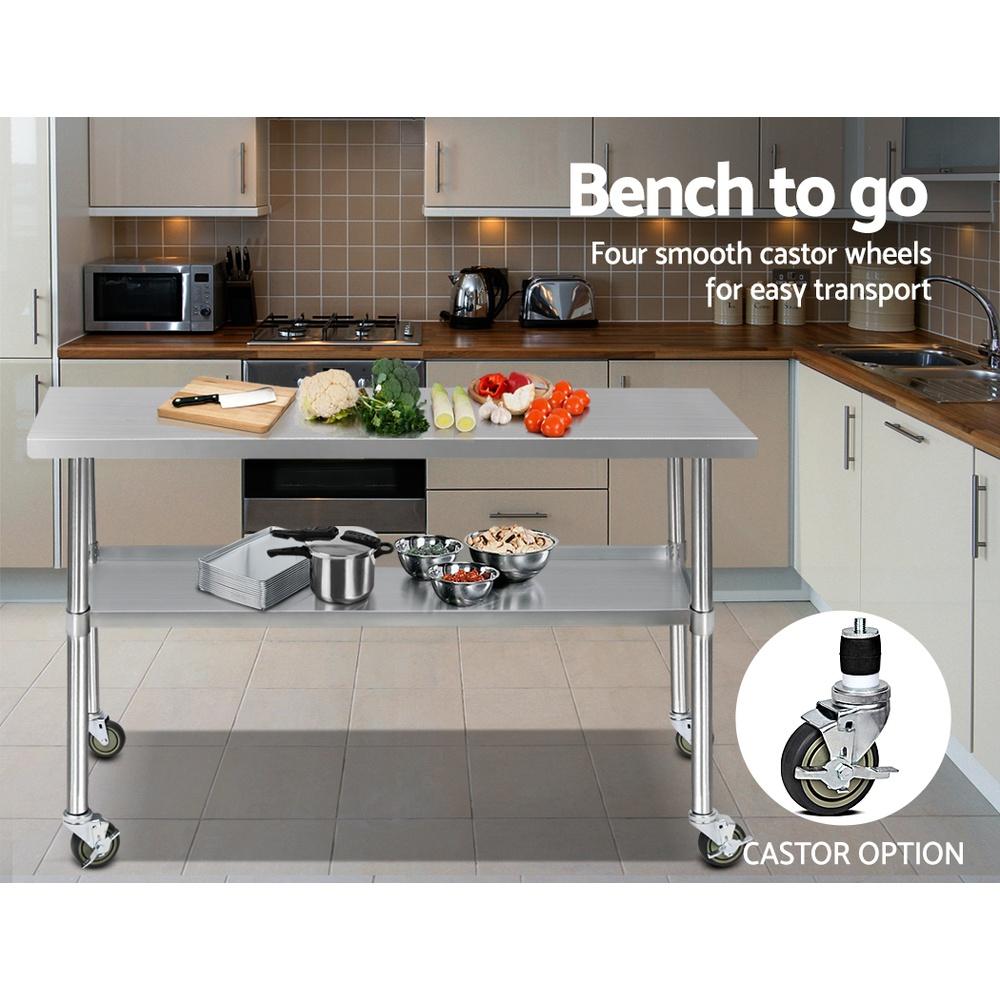 Cefito 430 Stainless Steel Kitchen Bench with wheels, featuring adjustable shelves and lockable castors for stability and mobility.