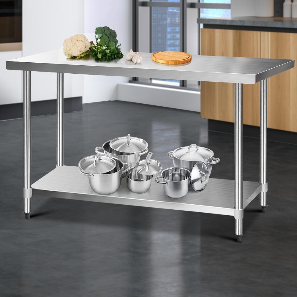 Cefito 430 Stainless Steel Kitchen Bench with wheels, featuring adjustable shelves and lockable castors for stability and mobility.