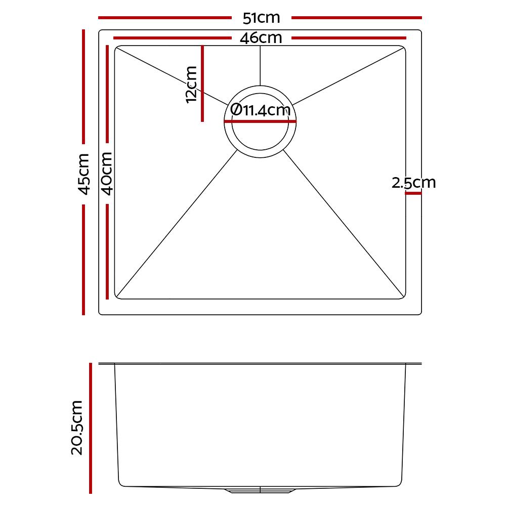 Cefito 51cm x 45cm stainless steel kitchen sink with satin finish and modern design, showcasing its X-flume drainage and R10 round corners.